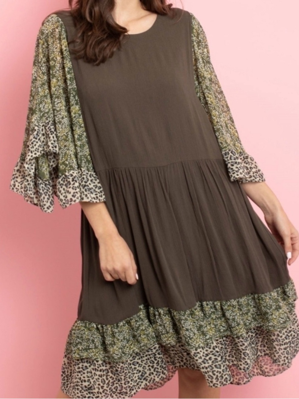 Olive Mixed-Print Tiered Midi Dress